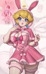  1girl :o absurdres alternate_costume animal_ears animal_hood blonde_hair blue_eyes blush breasts commentary corset crown dress earrings english_commentary frilled_dress frills highres hood jewelry long_hair mario_(series) open_mouth pink_lips princess_peach rabbit_ears rabbit_hood reference_inset riz sphere_earrings 
