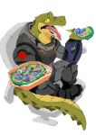 alien_food alligator alligatorid anthro box chair container countershade_neck countershading crocodilian food furniture green_body hi_res looking_at_viewer male mechanical_suit offering_to_viewer on_chair open_mouth pink_tongue pizza pizza_box reptile scalie sitting sitting_on_chair solo spiked_tail spikes spikes_(anatomy) tail teeth_showing tongue tongue_out unknown_artist yellow_sclera