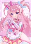  1girl absurdres animal apron back_bow birthday blue_bow border bow bow_apron brooch capelet cat choker closed_mouth commentary_request cone_hair_bun corset crossed_bangs cube cure_precious delicious_party_precure dot_nose double_bun earrings flower food frilled_capelet frilled_hairband frilled_skirt frills gloves gold_earrings hair_between_eyes hair_bow hair_bun hair_flower hair_ornament hair_ribbon hairband happy happy_birthday heart heart_brooch highres jewelry kome-kome lace-trimmed_gloves lace_trim large_bow long_hair looking_at_viewer magical_girl miniskirt mirun_migyu mismatched_earrings nagomi_yui onigiri outside_border pink_bow pink_choker pink_hair pink_hairband pink_ribbon pink_skirt pleated_skirt precure red_corset ribbon skirt skirt_under_dress smile teeth triangle two-tone_skirt two_side_up upper_teeth_only very_long_hair waist_apron waist_bag watch wavy_hair white_border white_capelet white_flower white_gloves wristwatch yellow_ribbon yellow_skirt 