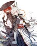  2girls alternate_costume animal_ears arknights armor black_cape black_gloves black_hat black_streaks blush cape chargepro clothing_request commentary_request commission commissioner_name crownslayer_(arknights) fingerless_gloves gloves grani_(arknights) grey_hair hair_ornament hairclip hat highres holding holding_sword holding_weapon horse_ears horse_girl infection_monitor_(arknights) looking_at_viewer mask mouth_mask multicolored_hair multiple_girls open_mouth pixiv_commission purple_eyes red_eyes red_hair revision scabbard sheath simple_background smile streaked_hair sword weapon white_background 