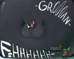 2026 absurd_res anthro bat belly big_belly black_body blin_(tloz) duo english_text fraaz_(tloz) hi_res huge_belly hyper hyper_belly inflation male mammal melee_weapon miniblin nintendo polearm smokey_blokey spirit_tracks text the_legend_of_zelda trident weapon yellow_sclera