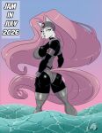 animal_humanoid beach bodysuit bucky_o'hare_(series) clothed clothing digital_drawing_(artwork) digital_media_(artwork) felid felid_humanoid feline feline_humanoid female fur gradient_background green_eyes hair hi_res humanoid jenny_(bucky_o'hare) mammal mammal_humanoid pink_hair science_fiction shaded_background silver_(metal) simple_background skinsuit stogiegoatarts tight_clothing white_body white_fur