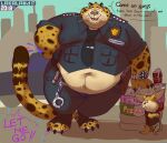 3_toes 4_fingers anthro badge benjamin_clawhauser beverage_can black_nose black_spots canid canine cheetah claws clock clothing crossed_arms dessert dialogue disney doughnut duo english_text feet felid feline fennec fingers finnick food fox fur handcuffs key lakalando loitering looking_at_viewer male mammal morbidly_obese musclegut obese obese_male offscreen_character overweight overweight_anthro overweight_male pizza_box police police_officer police_uniform restraints shackles size_difference spots talking_to_viewer text toes uniform watch whiskers wristwatch yellow_body yellow_fur zootopia 