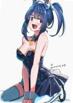  1girl absurdres animal_ears arms_between_legs bare_arms bare_shoulders black_shoes blue_dress blue_eyes blue_hair blush breasts chromatic_aberration cleavage collar commentary dated detached_collar dress facing_to_the_side fake_animal_ears heavy_chromatic_aberration high_heels highres jyuunen-kun kneeling long_hair long_sidelocks looking_to_the_side low_neckline make_heroine_ga_oo_sugiru! medium_breasts necktie nontraditional_playboy_bunny open_mouth rabbit_ears shoes short_dress short_necktie sidelocks simple_background smile solo strapless strapless_dress thighhighs twintails white_background white_collar white_thighhighs white_wrist_cuffs wrist_cuffs yanami_anna yellow_necktie zettai_ryouiki 