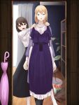  2girls :d black_pantyhose black_skirt blonde_hair bookshelf brown_eyes brown_hair closed_umbrella clothes_in_front collared_dress collared_shirt commentary_request contrast_collar curtains dress dress_shirt elbow_gloves feet_out_of_frame frilled_dress frills from_behind gloves hair_between_eyes highres holding holding_unworn_clothes holding_unworn_dress indoors iwoillust long_skirt long_sleeves looking_at_mirror looking_at_viewer maribel_hearn medium_hair mirror multiple_girls open_mouth pantyhose pink_umbrella plant potted_plant purple_dress purple_eyes reflection reflection_focus rug shirt shirt_tucked_in skirt smile socks standing standing_on_one_leg straight-on touhou umbrella unworn_dress unworn_gloves usami_renko white_gloves white_shirt white_socks window wooden_floor yakumo_yukari yukari_is_merry_theory_(touhou) 