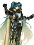  1girl alternate_costume aqua_eyes aqua_hair armor armored_boots art_study boots cape commentary dafterdayart english_commentary expressionless full_body fur-trimmed_cape fur_trim gauntlets hatsune_miku highres holding holding_sword holding_weapon knight long_hair looking_at_viewer painterly simple_background solo standing sword twintails very_long_hair vocaloid weapon white_background white_cape 