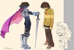 1girl 1other adair_(juicelooped) armor armored_boots black_hair blue_skin boots brown_hair brown_pants cape colored_skin commentary deltarune english_commentary green_sweater head_on_head head_rest highres holding holding_knife knife kris_(dark_world)_(deltarune) kris_(deltarune) pants pink_cape red_shoes red_soul_(utdr) shoes signature sneakers soul_(utdr) susie_(deltarune) sweater sword utdr_(toby_fox) weapon yellow_skin 