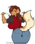  absurd_res anthro big_butt bird_dog blue_eyes bottomwear bracelet brown_hair butt butt_pose canid canine canis clothing denim denim_clothing domestic_dog ear_piercing female fluffy fluffy_tail fur furgonomics golden_retriever hair hi_res hunting_dog jeans jewelry looking_back mammal pants piercing pink_nose pose rear_view retriever rhoda_(the_dogsmith) shirt simple_background smile snout solo straight_hair tan_body tan_fur the_dogsmith thick_thighs topwear white_background wide_hips 