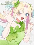  1girl birthday blonde_hair blue_eyes blue_hair blush breasts collarbone commentary dated dress fang gradient_hair green_dress grey_background happy_birthday highres kyaku_tasu looking_at_viewer love_live! love_live!_hasu_no_sora_jogakuin_school_idol_club medium_breasts multicolored_hair one_eye_closed osawa_rurino signature solo twintails upper_body watermark 