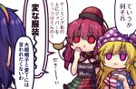  3girls american_flag american_flag_print american_flag_shirt black_shirt blonde_hair blue_hair breasts chibi chibi_only cleavage clownpiece commentary_request english_text flag_print hand_up hat hecatia_lapislazuli long_hair multiple_girls no_pupils one-hour_drawing_challenge plaid_clothes plaid_skirt pointing polka_dot_headwear print_shirt purple_eyes purple_hat rainbow_hairband rectangular_mouth red_hair shirt short_hair skirt sound_effects speech_bubble tenkyuu_chimata touhou translation_request triangle_mouth unime_seaflower white_background 