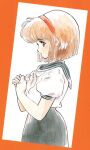  1980s_(style) 1girl azuma_hideo black_eyes brown_hair grey_sailor_collar grey_skirt hairband highres nanako_(nanako_sos) nanako_sos neckerchief official_art own_hands_together pleated_skirt profile red_hairband retro_artstyle sailor_collar scan school_uniform serafuku short_hair short_sleeves skirt solo 