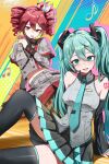  2girls absurdres admen98612827 ahoge aqua_hair aqua_necktie arm_tattoo belt black_skirt black_sleeves bow breasts buttons collared_shirt commentary detached_sleeves double-breasted drill_hair grey_jacket grey_skirt hair_between_eyes hair_bow hair_ornament hair_ribbon hatsune_miku highres jacket kasane_teto kasane_teto_(sv) layered_skirt layered_sleeves long_hair looking_at_viewer medium_breasts midriff miniskirt multiple_girls navel necktie number_tattoo open_mouth red_eyes red_hair red_skirt red_tattoo red_trim ribbon shirt shoulder_tattoo skirt sleeveless sleeveless_shirt smile synthesizer_v tattoo tongue tongue_out twin_drills twintails utau very_long_hair vocaloid white_bow white_ribbon wing_collar 