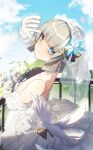  aa-12_(girls'_frontline) bare_shoulders bird blue_eyes blue_flower bouquet breasts bridal_veil bride cleavage commentary_request dove dress elbow_gloves flower girls'_frontline girls'_frontline_2:_exilium gloves highres holding holding_bouquet lind_(girls'_frontline_2) looking_at_viewer rose smile strapless strapless_dress veil wan3051 wedding_dress white_dress white_flower white_gloves white_rose 