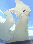  1girl animal_ear_fluff animal_ears ass back brown_eyes cloud cloudy_sky commentary_request completely_nude day fang fluffy_hair fluffy_tail from_behind from_below highres inubashiri_momiji looking_at_viewer median_furrow nude onsen ro_74 rock short_hair shoulder_blades sitting sitting_on_object skin_fang sky solo steam tail touhou wet white_hair wolf_ears wolf_girl wolf_tail 