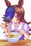  1girl animal_ears blue_flower blue_hat blue_rose blush bow bowl bowtie brown_hair chopsticks commentary_request flipped_hair flower food hair_over_one_eye hat hat_flower highres holding holding_chopsticks holding_spoon horse_ears horse_girl long_hair looking_at_viewer loska noodles puffy_short_sleeves puffy_sleeves purple_bow purple_bowtie purple_eyes purple_shirt ramen rice_shower_(umamusume) rose sailor_collar sailor_shirt school_uniform shirt short_sleeves solo spoon summer_uniform tilted_headwear tracen_school_uniform umamusume upper_body white_sailor_collar 