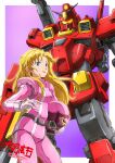  1girl beam_cannon blonde_hair blue_eyes commentary_request derivative_work earth_federation gundam heavy_gundam helmet highres holding holding_unworn_helmet ingrid_0 long_hair looking_at_viewer mecha mecha_pilot_suit mobile_suit msv-r:_the_return_of_johnny_ridden normal_suit_(gundam) pilot robot science_fiction taiga_hiroyuki unworn_headwear unworn_helmet v-fin 