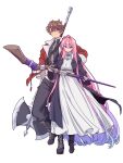 1boy 1girl absurdly_long_sidelocks absurdres artist_name axe bandaged_wrist bandages battle_axe black_coat black_pants boots breasts brown_hair closed_mouth coat collared_dress cosplay degrees_of_lewdity dollyadayo double-parted_bangs dress earrings fern_(sousou_no_frieren) fern_(sousou_no_frieren)_(cosplay) freckles frilled_dress_collar full_body gradient_hair green_eyes hair_between_eyes hair_intakes hair_ornament hairclip high_collar highres holding holding_axe holding_staff jacket jewelry lace-up_boots large_breasts long_dress long_hair long_sleeves looking_at_viewer mage_staff multicolored_hair open_clothes open_coat open_jacket original pants parallel_hairclips pink_hair player_character_(degrees_of_lewdity) player_character_(female)_(degrees_of_lewdity) purple_eyes red_jacket robin_(degrees_of_lewdity) robin_(male)_(degrees_of_lewdity) short_hair simple_background sousou_no_frieren split_mouth staff standing stark_(sousou_no_frieren) stark_(sousou_no_frieren)_(cosplay) teardrop_earrings very_long_hair very_short_hair walking weapon white_background white_dress 