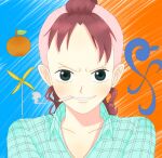  1girl aqua_shirt bellemere blue_background cigarette collarbone collared_shirt commentary_request eyelashes food fruit green_eyes grin leaf mohawk one_piece orange_(fruit) orange_background pinwheel portrait red_hair shirt smile smoke smoking solo teapm_(sugar-s2-1205) two-tone_background v-shaped_eyebrows 