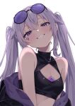  1girl :d absurdres black_jacket breasts castellayaki chest_jewel cleavage cleavage_cutout clothing_cutout commentary eyewear_on_head grey_hair grin highres hololive hololive_english jacket jacket_partially_removed jewel_under_eye koseki_bijou long_hair looking_at_viewer purple-tinted_eyewear purple_eyes round_eyewear simple_background small_breasts smile solo sunglasses tinted_eyewear twintails virtual_youtuber white_background 