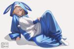 1girl absurdres animal_costume animal_ears animal_hood asuna_(blue_archive) blonde_hair blue_archive blue_eyes commentary english_commentary fake_animal_ears grin hair_over_one_eye highres hood hood_up instagram_logo instagram_username izei1337 long_hair looking_at_viewer rabbit_costume simple_background smile socks solo twitter_username twitter_x_logo white_background white_socks 
