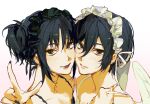  2girls alternate_costume angel_wings anh_phm9 bare_shoulders black_camisole black_eyes black_hair black_lips black_nails camisole cheek-to-cheek closed_mouth collarbone commentary dual_persona frilled_hairband frills goth_fashion gradient_background hair_between_eyes hairband heads_together highres index_finger_raised light_blush lips looking_at_viewer mikasa_ackerman multiple_girls nail_polish scar scar_on_cheek scar_on_face shingeki_no_kyojin short_hair smile spaghetti_strap twintails untranslatable_commentary upper_body white_camisole white_hairband white_wings wings 