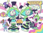 1girl alien android blue_hair colored_skin cosplay full_body gir_(dog_costume)_(invader_zim) gir_(invader_zim) gir_(invader_zim)_(cosplay) highres humanoid_robot invader_zim irken jenny_wakeman joints mechanical_hair metal_skin multiple_boys my_life_as_a_teenage_robot open_mouth robot robot_girl robot_joints shirt short_hair white_skin wormz1lla zim_(invader_zim) 