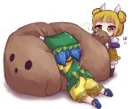  2girls apron arm_armor armor black_boots blonde_hair blue_hair blue_sandals boots commentary_request double_bun dress green_apron green_headscarf hair_bun hair_ribbon haniwa_(statue) haniyasushin_keiki headscarf joutouguu_mayumi medium_hair multiple_girls one-hour_drawing_challenge pillow puff_of_air ribbon sandals shirt sound_effects touhou translation_request unime_seaflower white_shirt yellow_dress yellow_eyes 