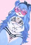 2024 absurd_res accessory anthro bear belly belly_grab big_glasses bikini blue_eyes blue_hair blue_inner_ear_fluff breasts clothing ear_tuft eyewear female gesture glasses hair headband heart_gesture hi_res inner_ear_fluff long_hair mammal navel open_mouth open_smile pattern_bikini pattern_clothing pattern_swimwear pink_background pink_eyewear pink_glasses round_glasses seuppi simple_background smile solo sparkles striped_bikini striped_clothing striped_swimwear stripes swimwear tuft two-piece_swimsuit
