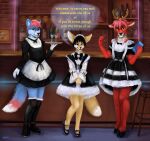  2021 alcohol ambiguous_gender anthro antlers bar beverage biped black_hooves black_nose blue_eyes canid canine cervid clothing detailed_background dialogue english_text fox green_eyes group heterochromia hi_res hooves horn inside lora_mclaren maid_uniform mammal speech_bubble standing text trio uniform 