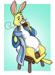 2026 absurd_res anthro belly buckteeth chair clothing coffee_cup container cotton_tail cup dessert disney doughnut eating eating_donut fattlestacks food fur furniture geometric_background head_tuft hi_res holding_coffee_cup holding_container holding_cup holding_object lagomorph leporid long_ears looking_at_viewer male mammal on_chair pastry rabbit rabbit_(winnie_the_pooh) robe simple_background sitting sitting_on_chair slightly_chubby smile solo steam_lines teeth tuft whiskers white_body white_fur winnie_the_pooh_(franchise) yellow_body yellow_fur