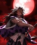  1boy absurdres black_hair black_hakama cloud colored_sclera colorful_clouds commentary_request demon_boy emo37337640 extra_eyes facial_tattoo full_moon gradient_hair hakama highres holding holding_knife japanese_clothes katana kimetsu_no_yaiba kimono knife kokushibou long_hair male_focus moon multicolored_hair muscular red_hair red_moon red_sclera solo sword tattoo text_in_eyes upper_body weapon 