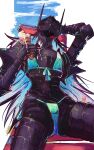  1girl absurdres armor bikini bikini_over_clothes black_armor black_gauntlets black_hair black_helmet blue_bikini blue_hair boutsoftheblind colored_inner_hair commentary food helmet highres ice_cream ice_cream_cone indie_virtual_youtuber knight long_hair looking_at_viewer multicolored_hair noro_(vtuber) red_eyes simple_background solo swimsuit virtual_youtuber 