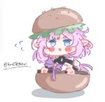  1girl blue_eyes blush_stickers burger chibi commentary elf elysia_(honkai_impact) elysia_(miss_pink_elf)_(honkai_impact) food highres honkai_(series) honkai_impact_3rd in_food karetokoi lettuce long_hair open_mouth pink_hair pointy_ears simple_background solo twitter_username white_background 