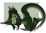  2021 anthro areola black_hair breasts digital_media_(artwork) dragon eihman female green_body green_skin hair horn looking_at_viewer nipples non-mammal_breasts nude orange_eyes wingless_dragon 