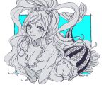  1girl blush breasts cleavage commentary_request earrings fish_hair_ornament greyscale_with_colored_background hagoromo hair_ornament half_updo jewelry merfolk mermaid monster_girl one_piece shawl shell shell_earrings shirahoshi smile solo wakao_(wakaogm) 