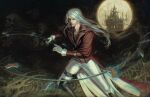  1boy belt belt_buckle bracelet buckle castle castlevania:_harmony_of_dissonance castlevania_(series) coat cross feet_out_of_frame gold_bracelet highres jewelry juste_belmont latin_cross long_hair male_focus medusa_(castlevania) moon naomi_coco red_coat skull solo whipping 
