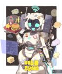 1girl animal_ears antennae apron border burger cat_ears cheese commentary_request domaguri duct_tape electricity fake_animal_ears fang floating_torso food highres holding holding_food holding_tray joints korean_commentary korean_text menu moon open_mouth original receipt robot_girl robot_joints see-through_apron see-through_clothes smile solar_panel space star_(sky) tape translation_request tray visor_cap waitress walkie-talkie white_border wi-fi_symbol wire 