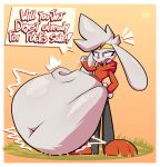 2026 absurd_res after_vore anthro belly big_belly border clothing duo els3d encina_(els3d) female female_pred fur generation_8_pokemon hi_res huge_belly nintendo pokemon pokemon_(species) raboot shirt speech_bubble text topwear vore white_body white_border white_fur