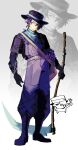  1girl absurdres alternate_costume androgynous bag black_gloves black_hat blue_eyes blue_hair commentary earrings english_commentary expressionless final_fantasy final_fantasy_xiv flower full_body gloves hair_over_one_eye hat highres holding holding_scythe huasira jewelry neckerchief one_eye_covered pants purple_flower purple_pants scythe short_hair signature solo standing white_background white_neckerchief zero_(ff14) zoom_layer 