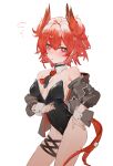  1girl absurdres animal_ears arknights bird_ears bird_girl bird_tail black_leotard blush breasts commentary cowboy_shot detached_collar fiammetta_(arknights) hand_on_own_hip highres holding jacket leotard long_sleeves looking_at_viewer medium_breasts necktie off_shoulder open_clothes open_jacket playboy_bunny red_eyes red_hair red_necktie ren_er_nu_zi_kou_gui short_hair simple_background skindentation solo strapless strapless_leotard sweatdrop tail untranslatable_commentary white_background wrist_cuffs 