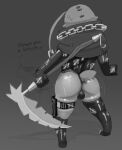 anthro armwear big_butt bodily_fluids bulge butt clothing domestic_cat duo epic_games felid feline felis fortnite glistening glistening_body gynomorph hare intersex lagomorph legwear leotard leporid male mammal melee_weapon meow_skulls monochrome nitehare_(fortnite) ongongio polearm rabbit scythe standing sweat thick_thighs weapon