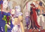  2boys 5girls ahoge aldebaran_(re:zero) amputee animal_ears bandaged_arm bandages bare_shoulders beatrice_(re:zero) black_bridal_gauntlets black_flower black_rose blonde_hair blue_eyes braid braided_bangs breasts bridal_gauntlets butterfly-shaped_pupils cape capelet cherry_blossom_print cleavage commentary_request crown crown_braid dress drill_hair elf emilia_(re:zero) eyeliner floral_print flower folding_fan fox_ears fox_girl fur-trimmed_capelet fur_trim gem gradient_hair green_gem green_nails green_trim hair_flower hair_ornament hair_ribbon hand_fan helm helmet holding holding_fan holding_smoking_pipe indoors japanese_clothes jewelry kimono kiseru long_hair long_sleeves makeup medium_breasts mini_crown multicolored_hair multiple_boys multiple_girls nihongami novel_illustration off_shoulder official_art ootsuka_shin'ichirou open_mouth orange_hair pantyhose pink_hair pink_pupils pink_ribbon plume pointy_ears priscilla_barielle purple_eyes purple_ribbon re:zero_kara_hajimeru_isekai_seikatsu red_carpet red_dress red_eyeliner red_eyes ribbon rose rui_arneb scabbard schult_(re:zero) second-party_source sheath short_hair sidelocks single_braid smile smoking_pipe striped_clothes striped_pantyhose symbol-shaped_pupils teeth torn_capelet torn_clothes translation_request twin_drills very_long_hair visor_(armor) weapon white_dress white_flower white_hair white_rose x_hair_ornament yellow_cape yellow_capelet yorna_mishigure yuujo 