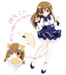  2girls age_comparison aged_up animal_ears ankle_strap blue_bow blue_bowtie blue_shoes blue_skirt bow bowtie breasts brown_eyes brown_hair cat cat_ears cat_girl character_name child cleavage closed_mouth commentary_request di_gi_charat dual_persona flower full_body hair_bow hair_flower hair_ornament hands_up heart high_heels hokke_mirin holding holding_swim_ring innertube light_blush long_hair looking_at_another looking_to_the_side low-tied_long_hair medium_breasts miniskirt multiple_girls one-piece_swimsuit open_mouth petticoat puchiko shirt shoes shun_(minihouse) skirt smile standing swim_ring swimsuit w_arms waitress white_background white_flower white_shirt winter_garden wrist_bow wristband yellow_bow yellow_one-piece_swimsuit 
