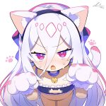  1girl :o alternate_costume animal_ear_fluff animal_ear_hairband animal_ears animal_hands artist_name bell black_bow black_bra black_hairband blue_archive blue_bow blue_collar blue_eyes blush bow bra breasts bright_pupils cat_cutout cat_ear_hairband cat_ears cat_paws cat_tail cleavage_cutout clothing_cutout collar collarbone commentary_request cowboy_shot dated dot_nose double-parted_bangs fake_animal_ears fake_tail frilled_bra frills from_above gloves hair_between_eyes hair_bow hairband hands_up highres jingle_bell kei_(blue_archive) limpiderm long_hair long_hair_between_eyes looking_at_viewer loosely_tucked_bangs missing_halo multicolored_eyes navel neck_bell nervous_sweating nose_blush open_mouth paw_gloves paw_print paw_print_background pink_eyes ringed_eyes signature simple_background small_breasts solo standing straight-on sweat tail two-tone_eyes underwear v-shaped_eyebrows very_long_hair white_background white_gloves white_hair white_pupils 
