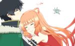  1boy 1girl ^_^ animal_ear_fluff animal_ears artist_name black_hair black_shirt blunt_bangs cloak closed_eyes closed_mouth commentary dress english_commentary frilled_arm_cuffs from_side fur_trim green_cloak hair_between_eyes hair_tubes hetero hug iwatani_naofumi layered_dress long_sleeves malockser messy_hair metal_arm_cuffs metal_hair_tubes raccoon_ears raccoon_girl raphtalia red_dress shirt short_hair signature simple_background sleeveless sleeveless_dress smile tanuki tate_no_yuusha_no_nariagari upper_body watermark white_background white_dress white_fur yellow_trim 