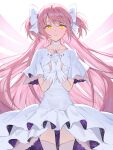 1girl backlighting blush bow choker collarbone commentary_request cowboy_shot dress film_grain floating_hair frilled_dress frills gloves hair_bow hands_up highres interlocked_fingers kaname_madoka long_hair looking_at_viewer mahou_shoujo_madoka_magica mahou_shoujo_madoka_magica_(anime) own_hands_together parted_lips partial_commentary pink_hair print_dress sidelocks simple_background smile solo soul_gem_(madoka_magica) starry_sky_print thighhighs two-sided_dress two-sided_fabric two_side_up ultimate_madoka very_long_hair white_background white_bow white_choker white_dress white_gloves white_thighhighs yellow_eyes yumeme_818 