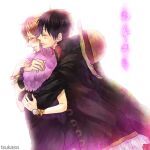  1boy 1girl artist_name bangle black_coat black_dress black_hair black_necktie blush bracelet breasts closed_eyes closed_mouth coat coat_on_shoulders collared_shirt commentary_request cowboy_shot dress from_side fur_scarf gold_bangle hat hat_on_back hetero hug hug_from_behind jewelry jinnai_tsukasa large_breasts log_pose monkey_d._luffy nami_(one_piece) necktie official_alternate_costume one_piece one_piece:_strong_world orange_hair pink_scarf profile red_shirt scar scar_on_cheek scar_on_face scarf shirt short_hair simple_background smile straw_hat translated white_background 