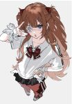  1girl :o arm_wrap black_shirt blue_eyes bow bowtie brown_hair charm_(object) collarbone collared_shirt commentary cross cross_earrings earrings eyepatch fingernails frilled_wrist_cuffs frills hair_ornament hairclip highres interface_headset_(evangelion) jewelry long_fingernails long_hair miniskirt multiple_rings nail_ornament nail_polish neon_genesis_evangelion pants red_bow red_bowtie red_nails red_pants ring shirt shoes short_sleeves shuishuisama skirt solo souryuu_asuka_langley striped_clothes striped_pants sweatpants untranslatable_commentary vertical-striped_clothes vertical-striped_pants white_shirt white_shoes white_wrist_cuffs wrist_cuffs 