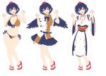  1girl belt bikini bird_wings black_bikini black_hair black_skirt black_wings breasts brown_bikini cleavage flat_color frilled_skirt frills full_body hat highres kitaura_kasumi kourindou_tengu_costume large_breasts looking_at_viewer multicolored_bikini official_alternate_costume open_mouth pointy_ears pom_pom_(clothes) red_eyes red_hat red_shoes shameimaru_aya shirt shoes short_hair simple_background skirt swimsuit tokin_hat touhou two-tone_bikini white_background white_shirt wings 