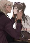  1boy 1girl ace_attorney amikoiiko apollo_justice:_ace_attorney black_pants black_shirt blonde_hair blush brown_hair brown_pants buttons chain chain_necklace collared_shirt cover cover_page dark-skinned_male dark_skin doujin_cover drill_hair earrings ema_skye eyewear_on_head fingernails green_vest gyaruo half_updo hands_on_another's_face highres index_ring initial jacket jewelry klavier_gavin lab_coat long_hair long_sleeves mismatched_eyebrows multiple_rings neckerchief necklace open_collar pants pants_rolled_up pink_shirt pink_wrist_cuffs pleated_pants popped_collar purple-tinted_eyewear purple_jacket red_neckerchief ring shirt side_drill simple_background sitting suit_jacket sunglasses textless_cover_page thumb_ring tinted_eyewear unworn_jewelry unworn_necklace vest waistcoat watch white-framed_eyewear white_background wrist_cuffs wristwatch yokozuwari 